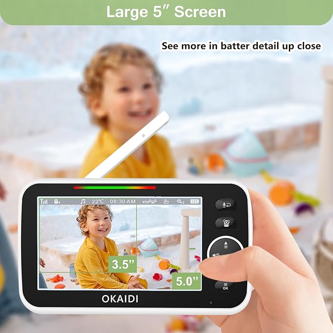 OKAIDI 5" HD Baby Monitor with Camera and Audio, 720P Display, 5000mAh Battery, Remote Pan-Tilt, 3X Zoom, Night Vision, 2-Way Talk, Temperature,Lullabies,1000ft Range Baby Monitor No WiFi