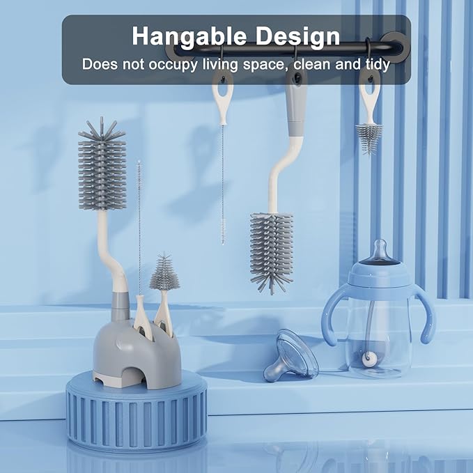 ePiiChua Silicone Bottle Brush Set with Stand, 360° Rotating Bottle Cleaning Brush Cleaner Set, Long Handle 3 in 1 Multipurpose Silicone Baby Bottle Straw Cleaner Brush (Grey)