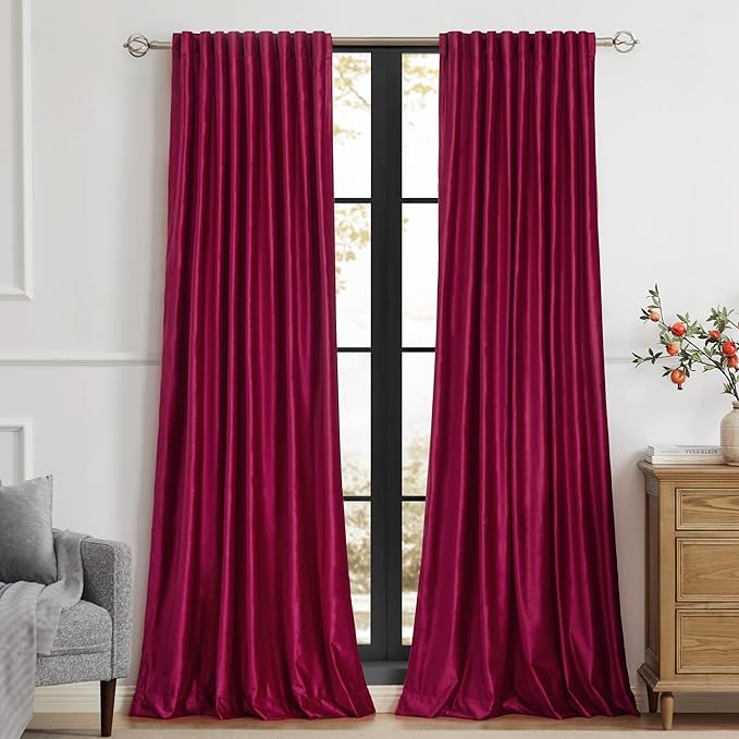 PRIMROSE Red Curtains 96 inch for Living Room Velvet Drapes Blackout Rod Pocket Back Tab Window Treatment Semi Room Darkening Decor Curtains for Bedroom Set of 2 Panels