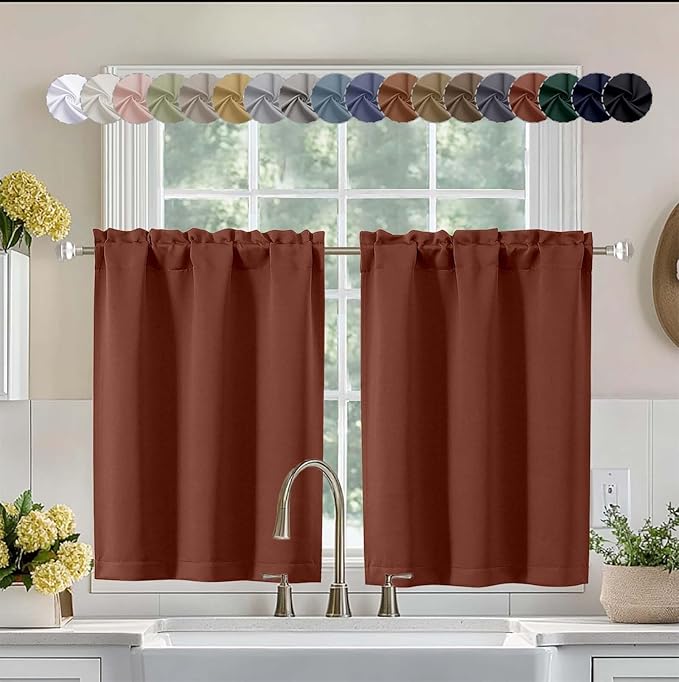 Aiyufeng Terracotta Short 36 Inches Blackout Curtain 2 Panels Set, Half Window Rod Pocket Privacy Curtain Tiers for Kitchen, Curtains Blackout for Bathroom Shades, W40 x L36 Inch, Terracotta