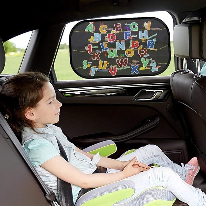 Car Sun Shade for Baby Kids 2 Pack Static Cling Side Window Car 80GSM Rear Sunshades Universal with 8 Suction Cups and Storage Bag - Sun Glare and UV Rays Protection (ABC+123)