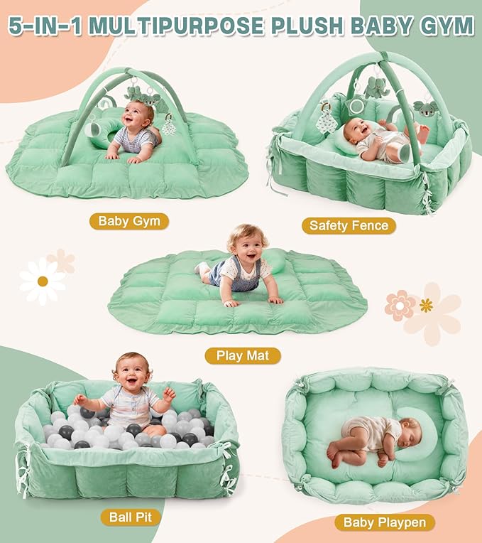 5-in-1 Baby Play Gym and Tummy Time Mat, Tummy Time Pillow & 12 Learning Cards, Plush Activity Mat with 6 Toys, Baby Gym, Convertible to Ball Pit, Baby Gift, Sage Green