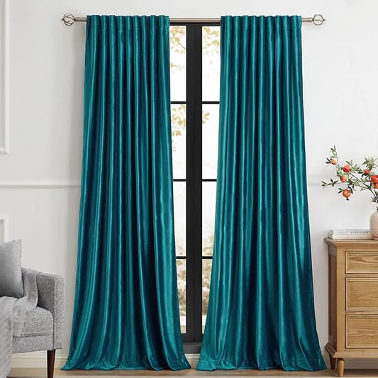 PRIMROSE Teal Velvet Curtains 102 inch Long for Living Room,Set of 2 Panels Blackout Rod Pocket Back Tab Window Treatment Room Darkening Heavy Decorative Curtains Drapes for Bedroom