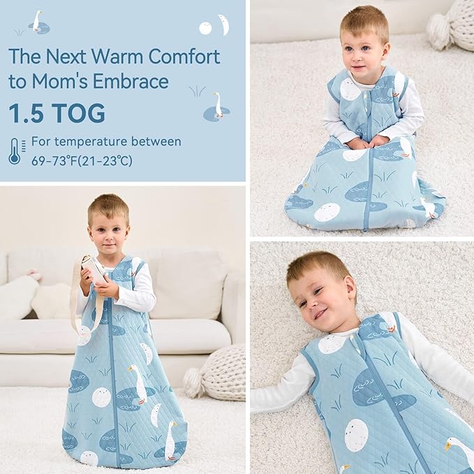 Unnivoll Baby Sleep Sack 0-6 Months 1.5 Tog Baby Wearable Blanket 100% Cotton Fabric Warm Sleeping sack with 2-Way Zipper Quilted for Infant Newborn Tog Blue Duck
