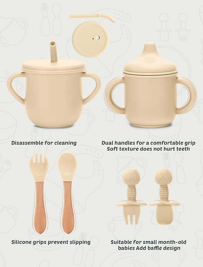 JELLDJK Silicone Baby Feeding Set 9 Pcs, Spill-Proof Suction Plate, Bowl, Bib, Silicone spoon&forks, Wooden Spoons&forks, Training cup with straw and Sippy Cup, Baby Eating Utensils (Green)