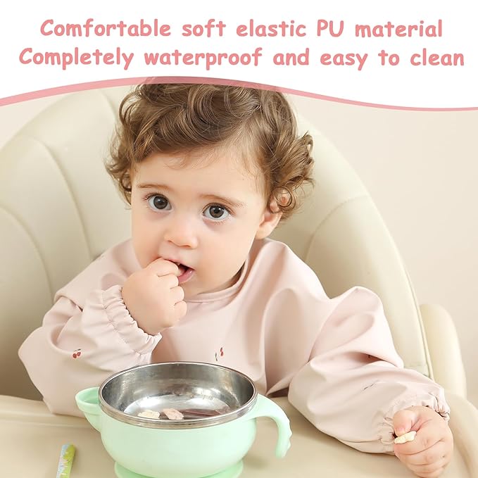 PewinGo Baby Bibs with Long Sleeve Bib & BLW, Coverall Bibs for Baby Feeding, PU Soft and Skin-Friendly Material, Machine Washable, Waterproof and Easy to Clean, Baby Infant Toddlers (Pink)
