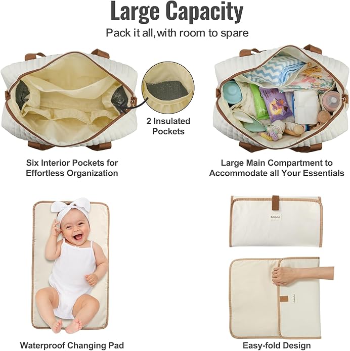Diaper Bag Tote for Moms, Baby Hospital Bag with Insulated Bottle Pockets, Changing Pad & Stroller Straps