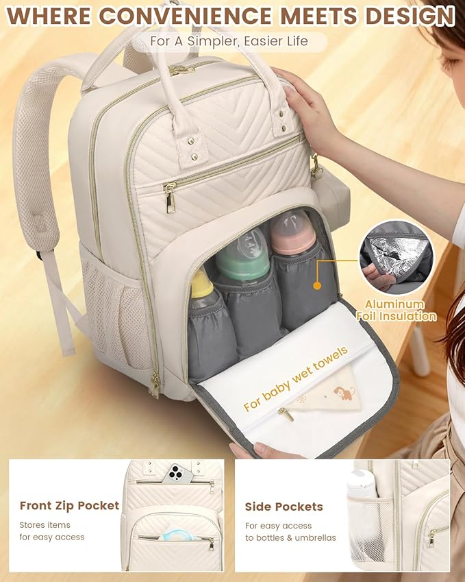 Diaper Bag Backpack,Baby Essentials Diapers Bag with Pacifier Case,Multipurpose Stylish Large Capacity Travel Backpack for Baby Girl/Boy(L-Beige)