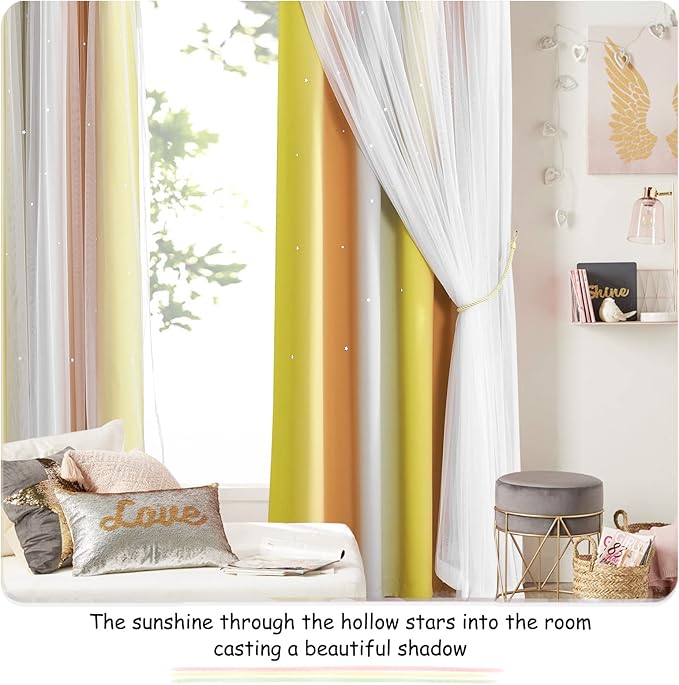 NICETOWN 2 Panels Star Blackout Curtains for Kids Girls Bedroom Aesthetic Living Room Colorful Double Layer Cut Out Rainbow Window Home Decoration Curtain, Yellow & Orange & Grey, W52 x L84