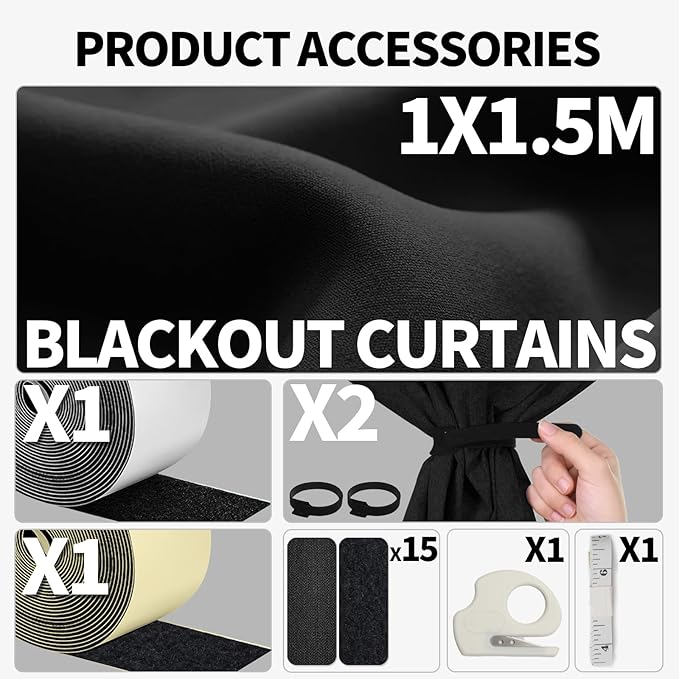 100% Upgraded Blackout Curtains for Bedroom, Rod-Free Hook&Loop Portable Blackout Shades for Travel, Black Out Window Cover No Drill Cuttable for Bedroom, Nursery, Media Room, Black, 57 * 39in