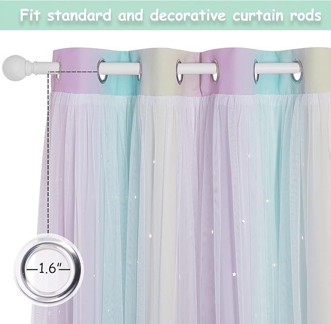 NICETOWN Kids Room Decor for Girls, White Gauze & Blackout Drapes Assembled, Star Cut Curtain Panels with Versatile Styling Options (Purple & Blue & Yellow, Each is W52 x L84, Sold by 2 Panels)