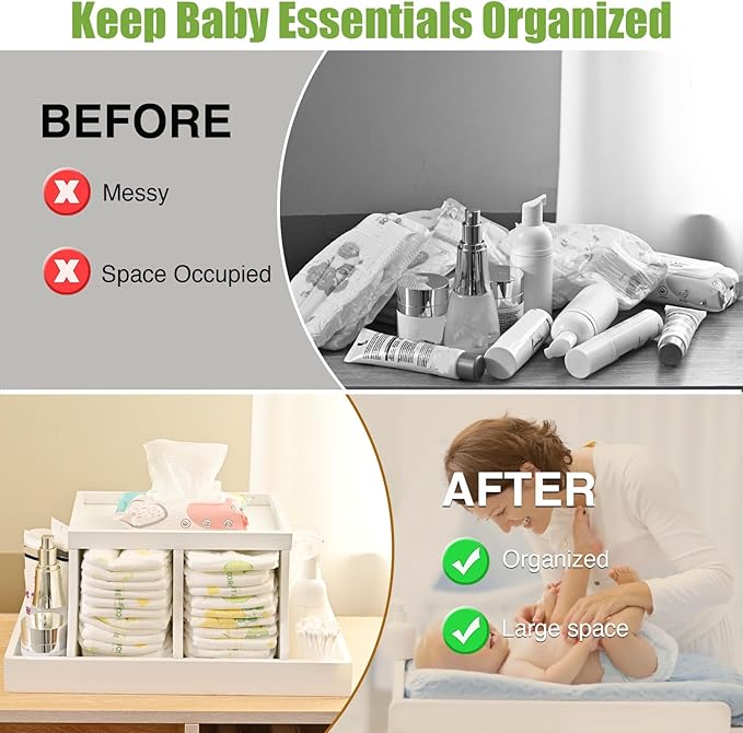 Diaper Caddy Organizer, Changing Table Organizer, Wooden Diaper Organizer for Nursery, Baby Diaper Storage Organizer with Removable Dividers (White, Rectangular Size)