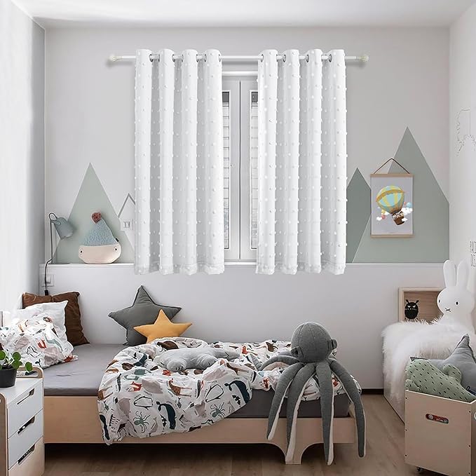 MYSKY HOME 100% Blackout Curtains for Bedroom White Blackout Curtains 54 Inches Long Thermal Insulated 2 Panels Short Curtains with White Pom Pom Sheer Room Darkening Grommet, 52 x 54 Inch