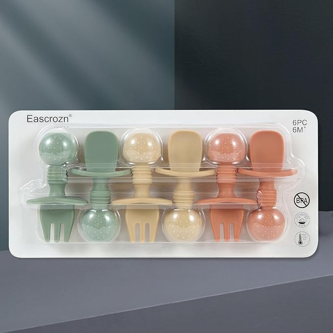 Eascrozn 6 Pack Baby Spoons and Forks Set, Silicone First Stage Self Feeding Infant Toddler Utensils, BPA Free, Baby Led Weaning Feeding Supplies for Baby Essentials