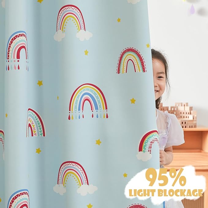 Vangao Easter Boho Girls 100% Blackout Curtains Pastel Blue for Kids Room 63 Inch Length, Rainbow Window Drapes for Living Room Nursery Thermal Insulated Room Darkening Bedroom Grommet 2 Panels