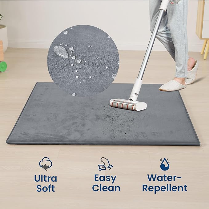 Baby Play Mat for Floor,1.3" Thick Elasti-Foam 50"×74" Playpen Mat for Tummy Time,Water Repellent Soft Coral Velvet for Toddler,Infant,Kids,Non-Slip Backing Safe for Crawling(Dark Grey)
