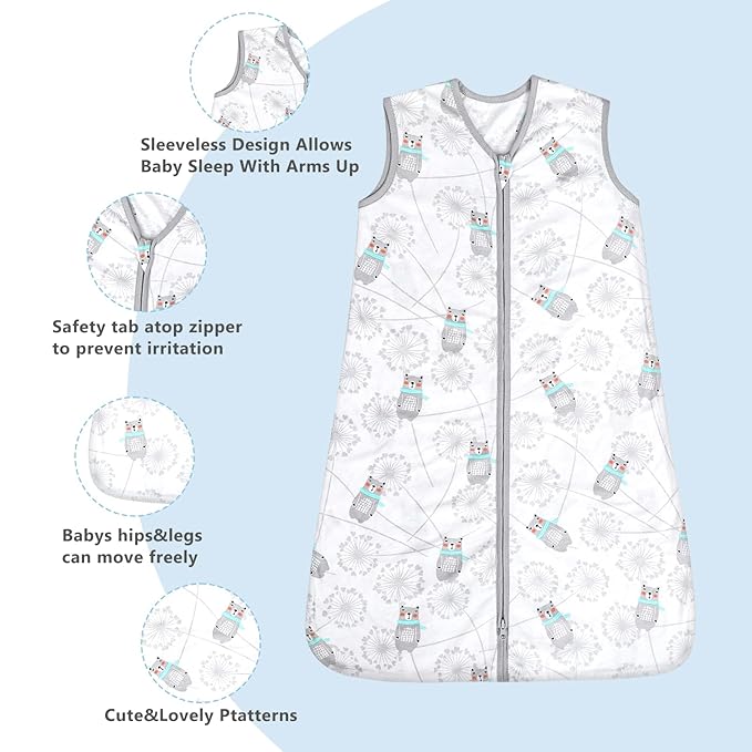 TILLYOU 2 Pack Baby Sleep Sack 18-24 Months 100% Cotton Wearable Blanket 0.5 TOG Sleeveless Summer Sleep Sacks with 2-Way Zipper, Gray Bear & White