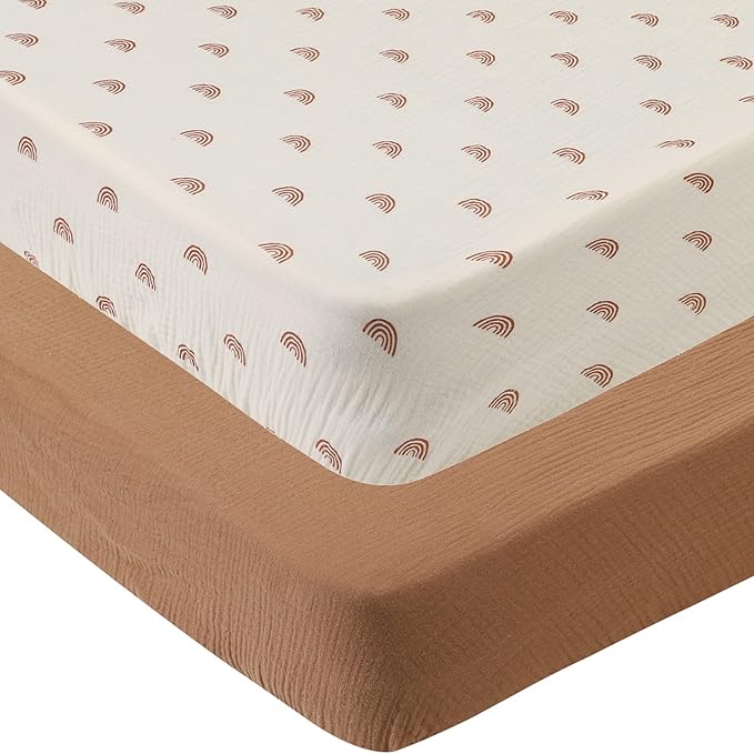 Onacosht Muslin Crib Sheets for Boys Girls, Soft Breathable 100% Cotton Baby Fitted Sheet 52" x 28" for Standard Toddler Crib Mattress, 2 Pack, Brown and Rainbow