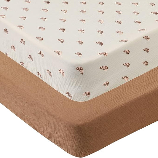 Onacosht Muslin Crib Sheets for Boys Girls, Soft Breathable 100% Cotton Baby Fitted Sheet 52" x 28" for Standard Toddler Crib Mattress, 2 Pack, Brown and Rainbow