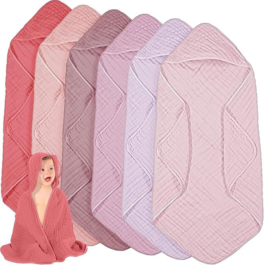 Peryiter 6 Pcs Muslin Hooded Baby Towels 32x32inch Cotton Newborn Bath Essentials Muslin Infant Blankets Absorbent Registry Baby Shower Present for Babies Girl Boy Kids (Purple Series)
