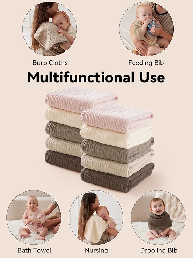 TILLYOU Muslin Burp Cloths Baby Boy Girl 20" x 10", 6-Layer Absorbent 100% Cotton Burping Cloths Large Soft, 10 Pack(Gradient Brown)