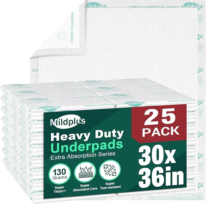 MILDPLUS Heavy Duty Underpads 30"X36", 25 Count, Ultra Absorbent Chucks Pads 130 Grams Disposable Bed Pads with Strength Cloth Backing Incontinence Pads for Adults, Kids or Pets