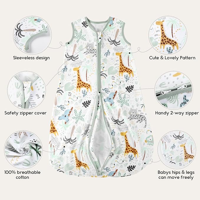 Yoofoss Baby Sleep Sack 12-18 Months 0.5 TOG Baby Wearable Blanket, 100% Organic Cotton Infant Toddler Sleeping Sack 2-Way Zipper Lightweight Sleep Sack, Giraffe