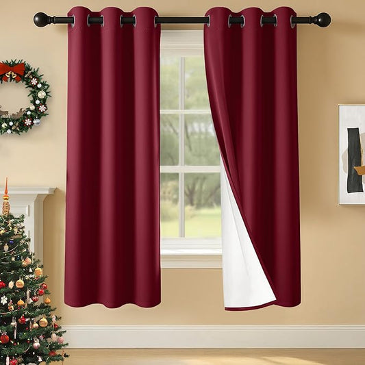 100% Blackout Curtains 63 Inch Length for Bedroom Living Room, Grommet Thermal Insulated Room Darkening Drapes, Light Blocking Window Treatment Decor, 2 Panels, 37x63, Burgundy Red