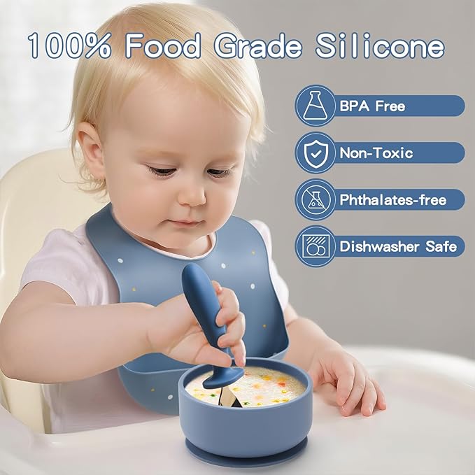 Silicone Baby Feeding Set,13PCS Feeding Essentials with Suction Bowl and Plate,Spoons & Forks,Bib & Cup, Toothbrush,Baby Led Weaning Supplies for 6+ Months - Lake Blue