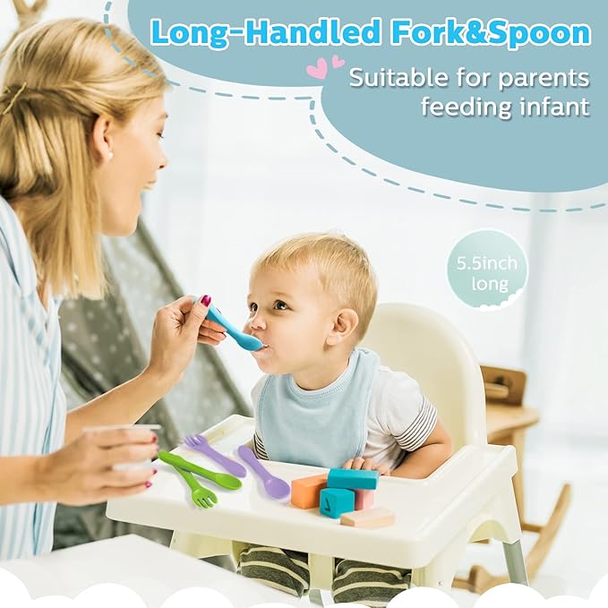 Nuenen 6 Pieces Silicone Baby Feeding Forks and Spoons Set Hot Safety First Stage Self Feeding Supplies Mini Kids Utensils for over 6 Months Babies Boy Girl Toddlers First Foods (Primary Color)