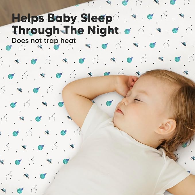 2-Pack Mini Crib Sheets Fitted - 38x26 Pack N Play Sheets for Pack and Play Mattress, Organic Cotton, Soft & Breathable Playard Bedding, Neutral Mini Toddler Bed Cover for Boys, Girls (Space Quest)