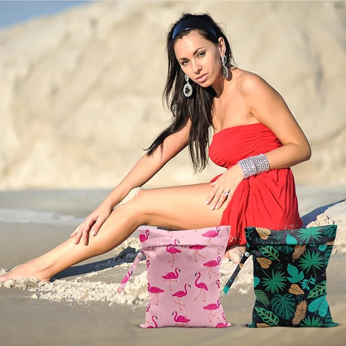 2Pcs Pink Flamingo Wet Bags 12x10 Inch, Green Leaves Waterproof Travel Laundry Bags, Reusable Wet Dry Bag for Swimsuit Pool Beach Diapers Dirty Yoga Gym Clothes, Flamingo Gifts for Women