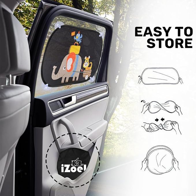 MOVINPE Car Sun Shade for Baby Kids 2 Pack Static Cling Side Window Car 80GSM Rear Sunshades Universal with 8 Suction Cups and Storage Bag - Sun Glare and UV Rays Protection (Elephant & Tiger)