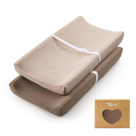 TILLYOU Muslin Changing Pad Cover for Baby Girls Boys, Soft and Breathable Cotton Diaper Changing Table Cover, 2 Pack(Brown&Light Brown)