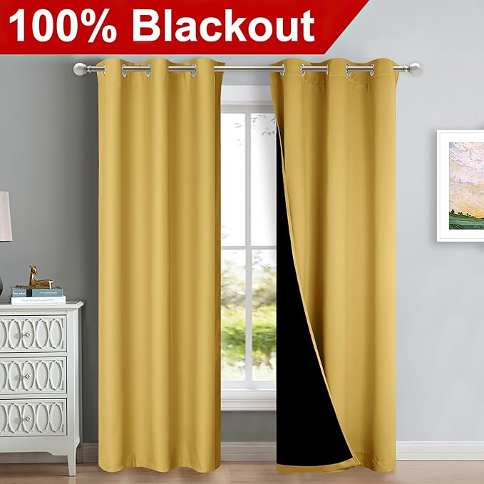 NICETOWN Bright Yellow Full Shade Curtain Panels, Pair of Thermal Insulated & Energy Efficiency Blackout Drapes for Living Room Windows, Lined Silky Performance Window Dressing (42" Wide x 84" Long)