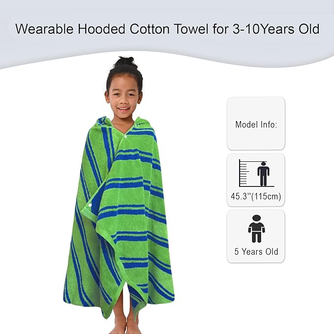 VOOVA & MOVAS Hooded Bath Towels for Kids (3-10Years,27.5"x55"),100% Cotton Absorbent Soft Towel Wrap for Toddler Boys,Perfect for Bathroom | Pool | Beach | Swimming, Jacquard Green Stripe