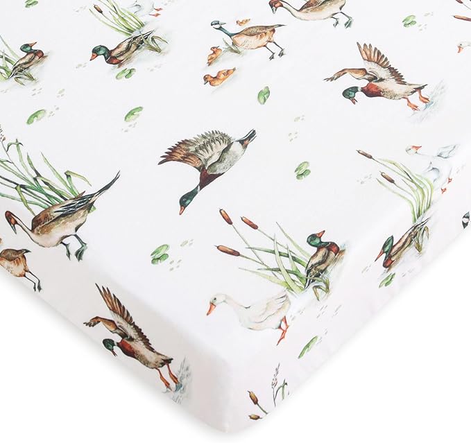 LifeTree Crib Sheets for Baby Unisex - Muslin Fitted Crib Sheets Toddler Bed Sheet, 70% Viscose from Bamboo and 30% Cotton, Fits Mini Crib & Pack and Play Playard, Mallard Duck, 26in x 38in
