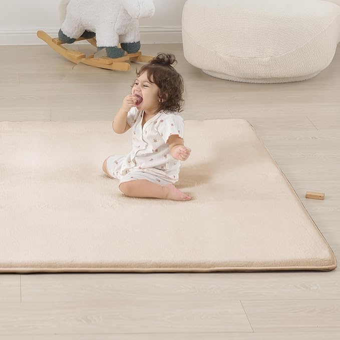 1.3" Thick Baby Floor Play Mat 50x50, Basic Padded Foam Mat for Tummy Time Crawling, Non Slip Cushioned for Babies Toddlers Infants Kids (Beige)