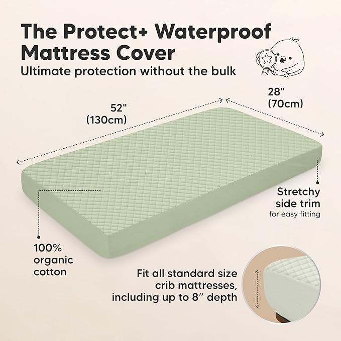 2-Pack Waterproof Crib Mattress Protector Cover Fitted - Quiet Baby Crib Mattress Pad Sheets, 52" x 28" Soft Quilted Cotton Baby Sheet, Machine Washable, Easy Fit, Durable (Soft Fern/Quin)