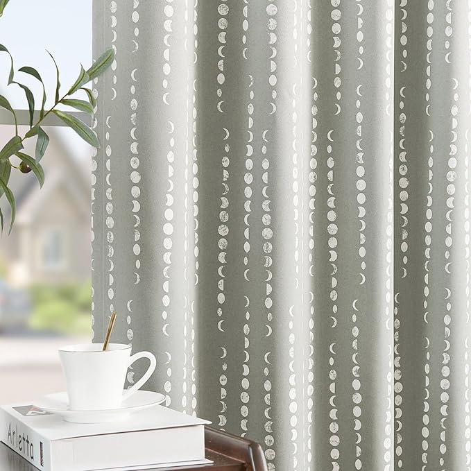 jinchan 95% Blackout Bohemian Moon Phase Print Bedroom Drapes 63 Inch Length Grey Pole Mouth Rear Label Insulated Curtains for Nursery Grey Curtain Set 2 Panels