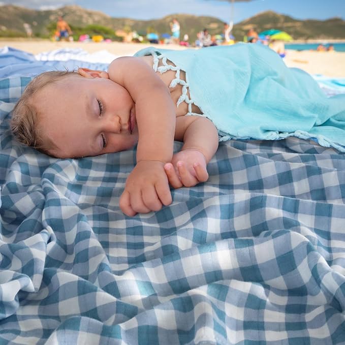 LifeTree Baby Swaddle Blankets, Boys Girls Muslin Swaddling Wrap Receiving Blanket for Newborn, 70% Viscose from Bamboo and 30% Cotton, Large 47" x 47", Horse and Blue Checkered Pattern