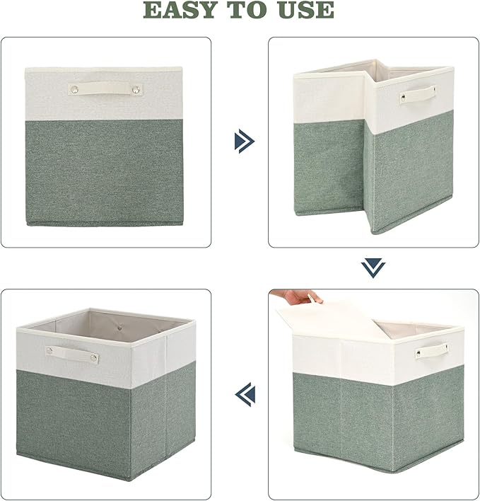 13 x 13 Inch Fine Linen Storage Bins with Handles，Fabric Cube Boxs，Basket Organizers for Shelves for Home, Closet Drawers (White/Green-4 Pack )