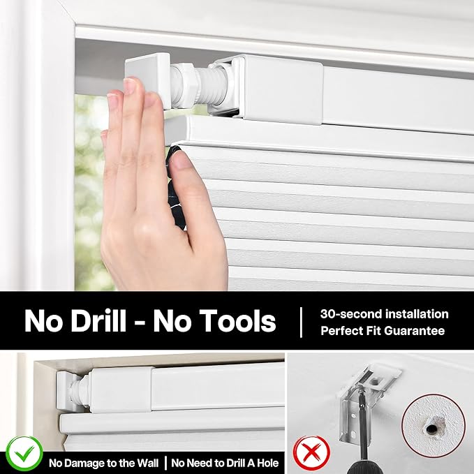 Lazblinds Upgraded Top Down Bottom Up (TDBU) Honeycomb Blinds, No Drill No Tools Easy Install Cordless Cellular Shades for Windows 32" W x 64" H, White - Blackout