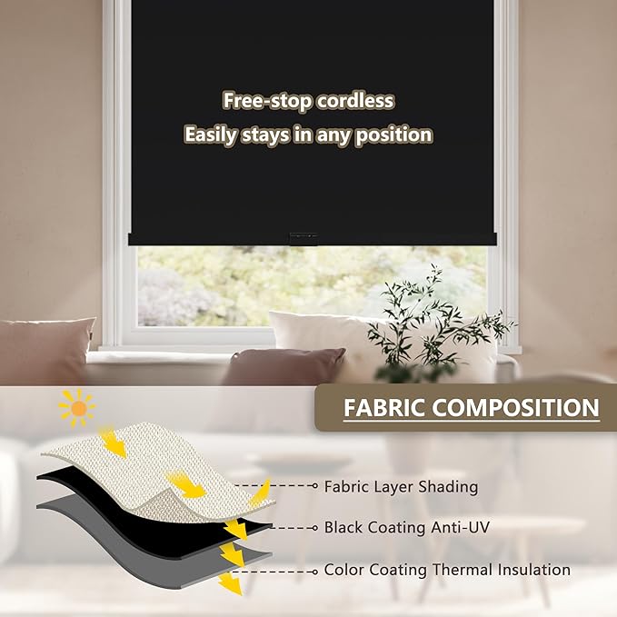 Cordless Blackout Roller Shades Blinds for Windows Free-Stop,Pull Down Room Darkening with Valance,Thermal Insulated Woven Fabric Window Door Blinds for Home,Office,Black 36.5" W x 72" H