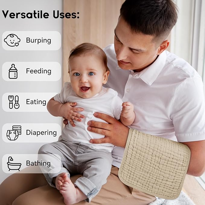 Unnivoll Muslin Burp Cloths for Baby 100% Cotton Burping Cloths for Boys Girls Large 20''X10'' Extra Soft and Absorbent 12 Pack - Gradient Khaki