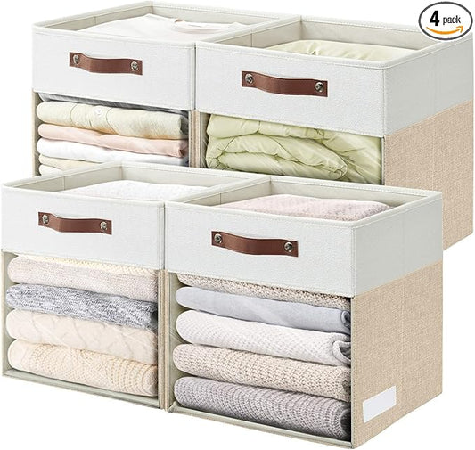 Storage Cubes, 4 Pack Linen Foldable Storage Bins with Clear Window and 2 Handles, 13x15x13 Storage Cube Bins for Shelf Closet, Kallax, Clothes, Books - (Beige and White)