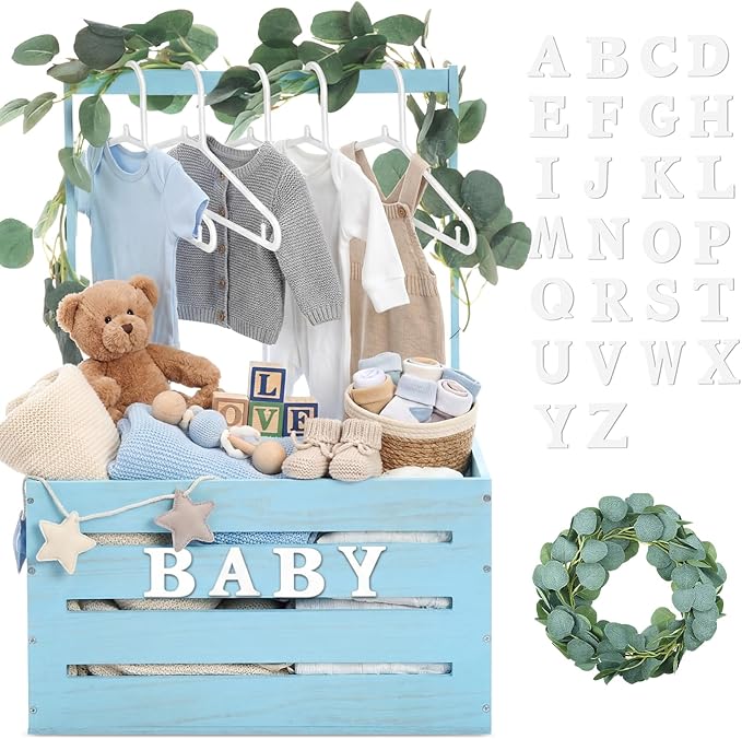 Barydat Wooden Baby Shower Crate Closet, Baby Basket with Handle, Personalized Basket Gifts, Easy Assembly Baskets for Newborn Boy Girl Welcome Gift for New Mom Parents(Blue)