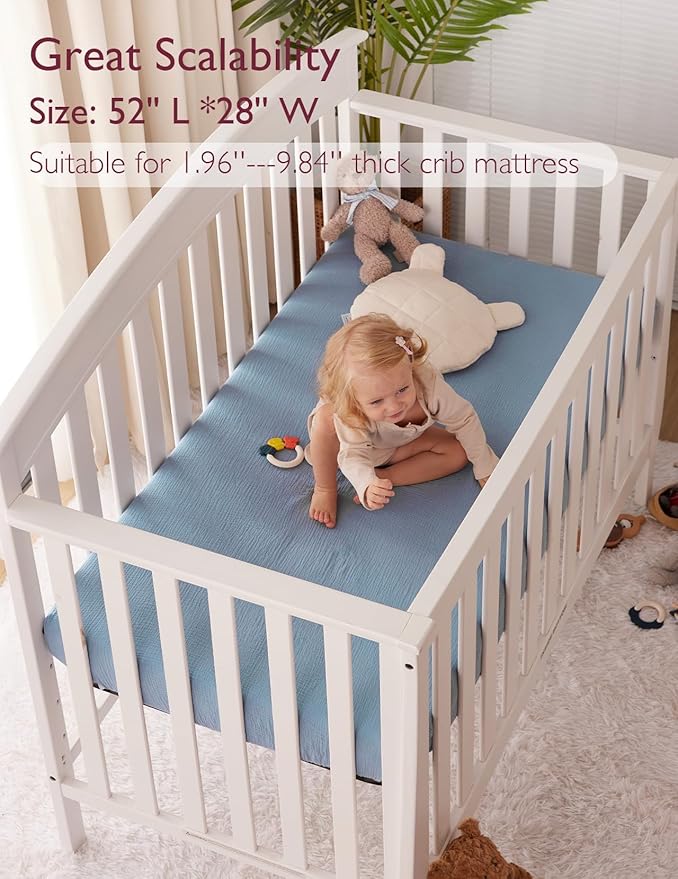 Momcozy Muslin Standard Fitted Crib Sheets, 52"x28", 2 Pack Soft Breathable Natural Cotton Baby Mattress Sheet, 360° Mattress Wrapping No Slip Boys Girls Neutral Toddler Bed Sheet, Grey Blue