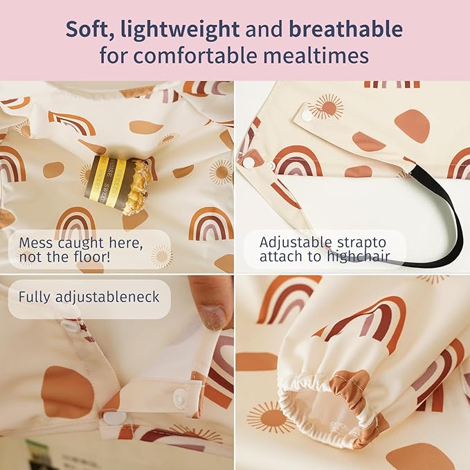 CoolaPeach Long Sleeve Baby Bib - Mess-Proof Feeding Bibs for Babies - Adjustable, Waterproof, and Highchair/Table Attachment