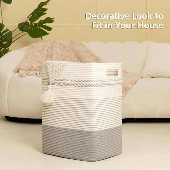 Laundry Basket, Large Woven Rope Tall Laundry Basket with Handles, Decorative Storage Basket for Clothes and Blankets in Living room, Bedroom